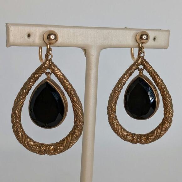Stephen Dweck Jewelry - Stephen Dweck Black Onyx Etched Bronze Gold Teardrop Dangle Clip GF Earrings